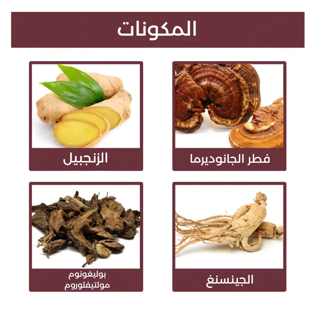 مكونات البخاخ: الزنجبيل، الجانوديرما، بوليغونوم، الجينسنغ